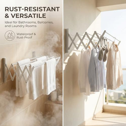 HILLHOUSE Wall Mount Drying Rack for Laundry Room - Collapsible Accordion Clothes Dryer, Extendable Aluminum Clothes Rack, Space Saving Laundry Drying Rack Wall Mounted for Bathroom & Balcony