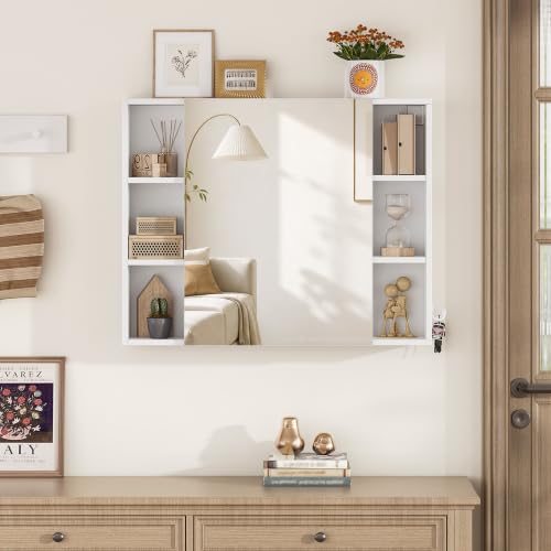 Hzuaneri Bathroom Cabinet with Mirror, Wall Cabinet with Storage Space | Wall Mounted with Reversible Install Storage Space,6 Open Compartments,3 Hidden Storage Shelves,Hooks,6.5"Dx25.6"Wx 31.5"H