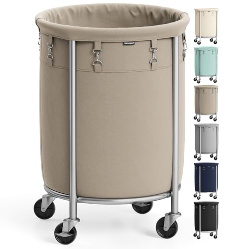 SONGMICS Laundry Basket, Rolling Steel Frame with 2 Locking Wheels, 110 L | Heavy-Duty Laundry Hamper Cart with Removable Bag, Camel Brown and Metallic Silver, URLS002N01 - color: Camel Brown + Metallic Silver, size: 110 L (1-Section)