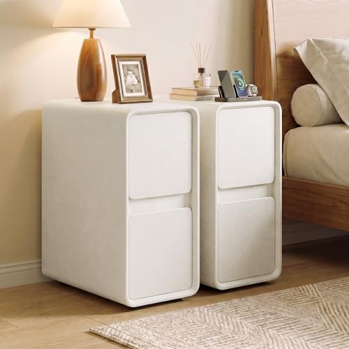 7.8" W Leather Narrow Nightstand Set of 2, Modern Fully-Assembled Bedside Table with 2 Drawers, White Night Stand Small Accent End Table & Side Table for Bedroom, Cream White - color: Cream Set of 2, size: 8in