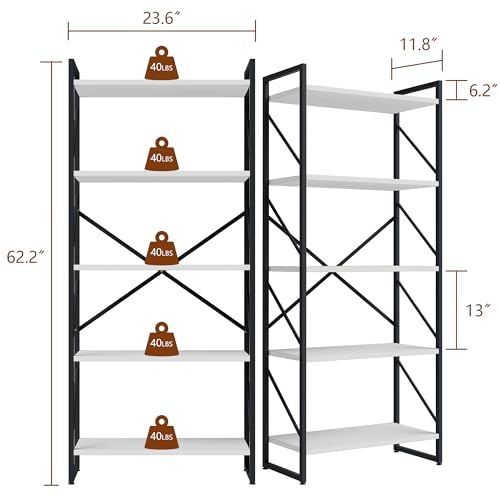 Shintenchi 5 Tiers Bookshelf, Classically Tall Bookcase Shelf,Industrial Book Rack,Modern Book Holder in Bedroom/Living Room/Office, Storage Rack Shelves for Books/Movies,11.8" Dx23.6 Wx62.2 H,White - color: White