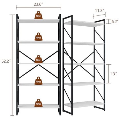 Shintenchi 5 Tiers Bookshelf, Classically Tall Bookcase Shelf,Industrial Book Rack,Modern Book Holder in Bedroom/Living Room/Office, Storage Rack Shelves for Books/Movies,11.8" Dx23.6 Wx62.2 H,White - color: White