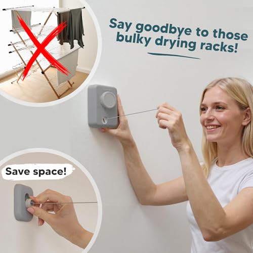 Max – Retractable Clothesline Indoor Outdoor, Non-Sagging Heavy Duty Clothes Drying Line, Wall Mounted Drying Rack, Air Dry Clothing, Max Tighten with GorillaGrip - style: Light Gray - Upgraded Model