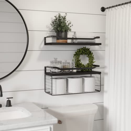 Bathroom Shelves Over Toilet with Protective Metal Guardrail | Floating Shelves with Wire Storage Basket, Wood Wall Shelves for Bathroom Organizers and Storage, Toilet Paper, Black - color: Black