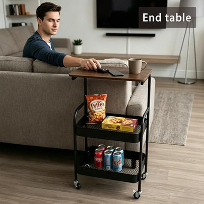 3-Tier Metal Rolling Utility Cart with Walnut-Textured Top on Wheels Craft Cart and Side Table for Bedside, Kitchen, Office, Bathroom & Craft Room