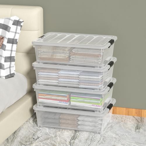 25 Quart Clear Under Bed Storage Container with Wheels, 4 Packs | Stackable Plastic Underbed Bin with Lid - size: 25 Quart