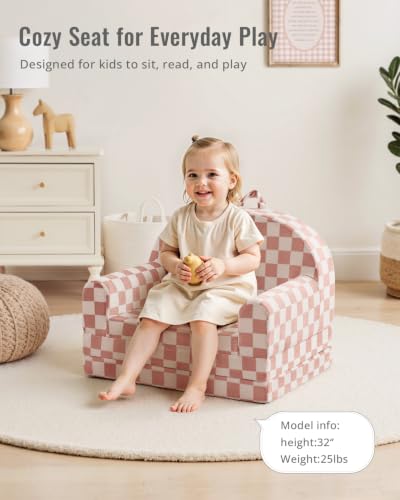 Blissful Diary Kids Couch, 2-in-1 Soft Kids Sofa, Kids Sofa Chair, Comfy Kids Furniture for Playroom, Reading & Play, Checkered Blush - color: Checkered Blush