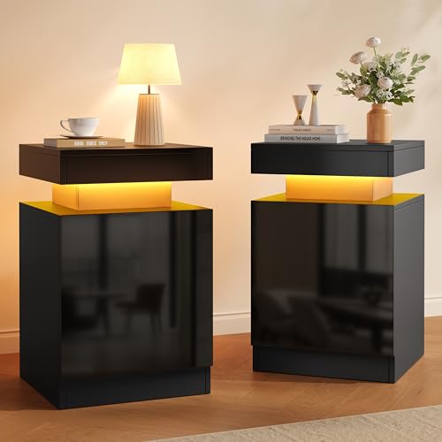 Nightstands Set 2, 15 Inches LED Night Stand Set of 2, Modern Bedside Table with LED Lights, High Gloss Surface, End Table with Storage for Bedroom, Black - color: Black-15"