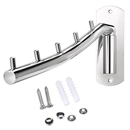 Sumnacon Wall Mounted Clothes Hanger Rack, Stainless Steel Garment Hooks with Swing Arm Holder, Space Saver Coat Robe Storage Organizer for Laundry Room Bedrooms, Clothing Drying Rack with 5 Hooks - color: Silver
