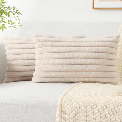 Pallene Faux Fur Decorative Throw Pillow Covers 12x20 Set of 2, Apricot | Luxury Plush Texture, Striped Design, Cozy Soft Touch, Modern Home Accent Decor for Couch, Sofa, Bed, Living Room - color: Apricot, size: 20" x 12" (Pack of 2)
