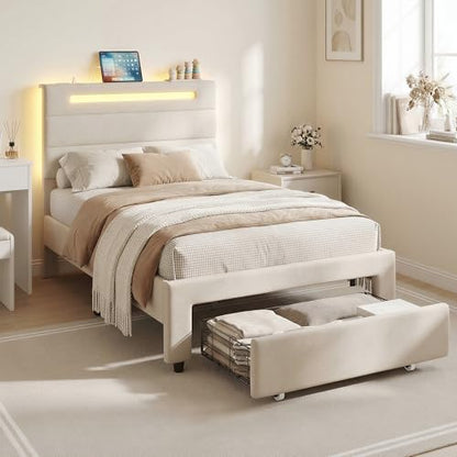 LIKIMIO Twin XL Bed Frames with Storage Drawer, Lights & Charging Station | Upholstered Modern Platform Bed, XL Twin Bed Frame with Headboard, No Box Spring Needed, Easy Assembly, Noise-Free, White - size: Twin XL
