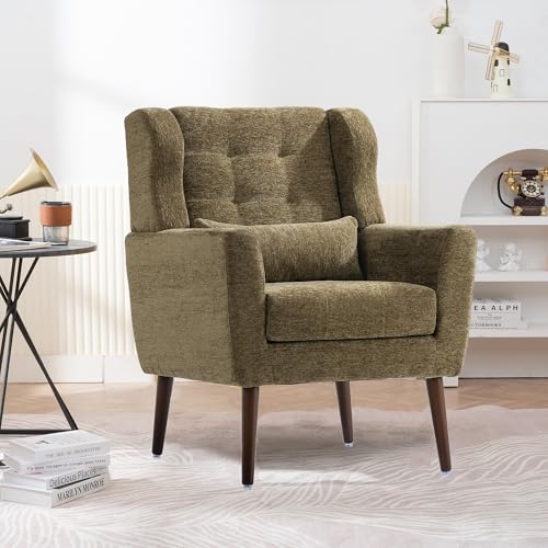 Accent Chair, Living Room Chairs with Solid Wood Legs & Pillow | Chairs Living Room with High Tufted Backrest, Reading Chair for Bedroom/Office, Chenille Fabric - color: Olive Green