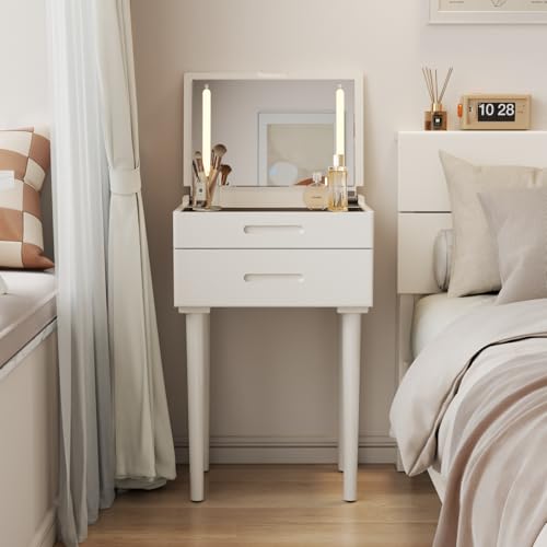 Solid Wood Small Vanity Desk with Mirror and Lights, Narrow Makeup Vanity for Small Space, Flip Top Vanity Side Table, 3 Color Modes & Adjustable Brightness, 19.6" Slim Dressing Table, White - color: White, size: 19.6" Wide
