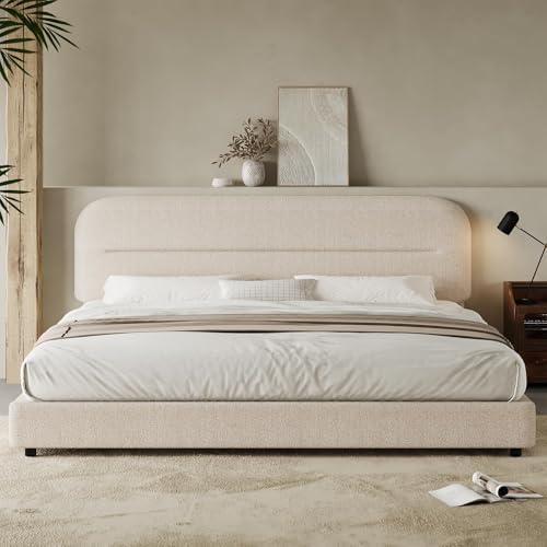 HOMBCK King Size Boucle Bed Frame, Upholstered Cloud Bed Frame with Headboard, Soft Platform Bed Frame with Thickened Footboard, Rounded Corners, No Box Spring Required, Easy Assembly, Beige - color: Beige, size: King