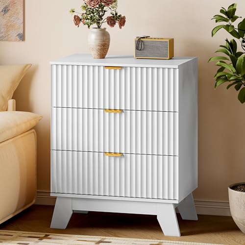 BORNOON Fluted 3 Drawer Dresser, 30.3" Tall Compact Modern Boho Chest of Drawers, Wooden Storage Cabinet for Bedroom, Living Room, Entryway, Curved Profile Design - color: Pure White, size: 3 Drawers