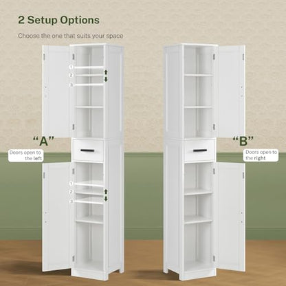 TEENFON 67 Tall Bathroom Cabinet with 6 Shelves & 1 Drawer, Narrow Storage Cabinet with Adjustable Shelves, Silm Cabinet for Living Room, Kitchen, White - color: White-2
