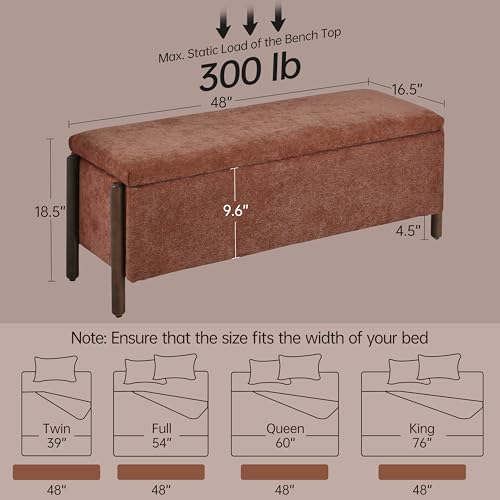 Usaint 47" Fabric Upholstered End of Bed Storage Ottoman Bench, Rusty | Entryway Bench with Storage and Rubberwood Legs, 24.5 Gallons Storage Space, Hinged, for Bedroom, Living Room - color: Rusty Red
