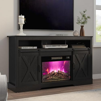 RoyalCraft Farmhouse Fireplace TV Stand for 65+ Inch TV, Entertainment Center with 23" Electric Fireplace with Remote, 34" Tall Modern Rustic TV Console with Sliding Bar Door for Living Room, Black - color: Black, style: Electric Fireplace Included