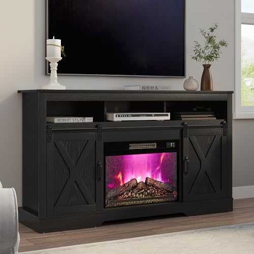 RoyalCraft Farmhouse Fireplace TV Stand for 65+ Inch TV, Entertainment Center with 23" Electric Fireplace with Remote, 34" Tall Modern Rustic TV Console with Sliding Bar Door for Living Room, Black - color: Black, style: Electric Fireplace Included