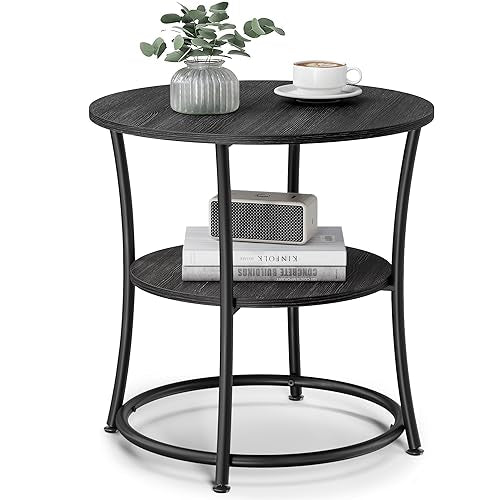 VASAGLE 21.7-Inch Round Side Table, 2-Tier End Table | Nightstand with Steel Frame, Spacious Top, for Small Spaces, Living Room, Bedroom, Charcoal Gray and Ink Black ULET056B22 - color: Charcoal Gray + Ink Black, style: Without Power Strip