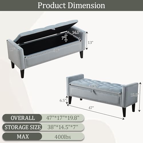 47in Velvet Storage Ottoman Bench with Arms, Upholstered Storage Bench with Wooden Legs, Storage Bench for Bedroom, Living Room, Entryway, Blue Grey - color: Blue Grey