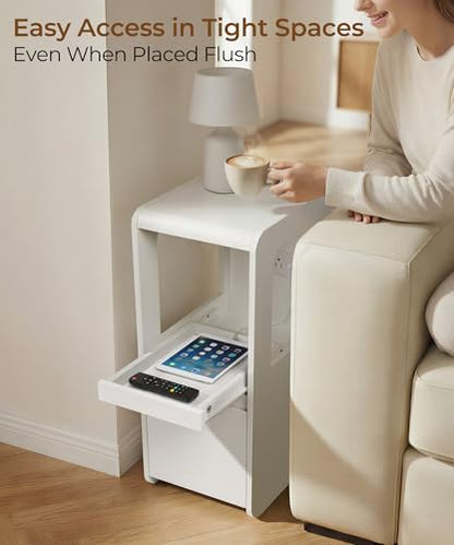 White Narrow Side Table, Slim End Table with Charging Station | Skinny nightstand with Drawers for couch, Wood, Modern, Sofa Bedside Table Tray for Living Room Bedroom Small Spaces, 8.9"W