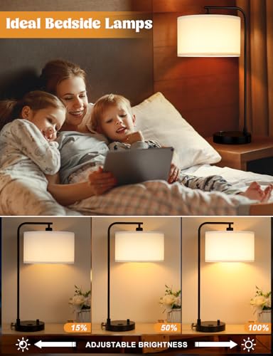 Innqoo White Side Table Lamp with USB Port and Outlet, Dimmable Nightstand Bedside Lamps with Linen Lampshade, Desk Lamp for Bedroom, Living Room, Guest Room, Home Office, LED Bulb Included - color: B-White Shade & Black Base