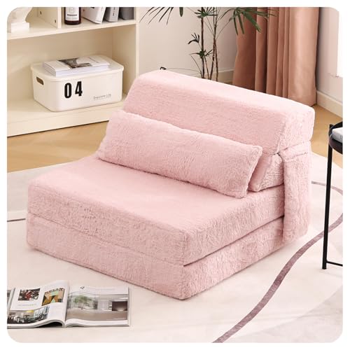 Convertible Folding Sofa Bed Single Size for Adults with Pillow, Plush Fabric Floor Mattress Couch Bed, Washable Cover & Side Pocket, Guest Room, Dorm, Apartment, Living Room, Pink - color: Plush Pink, size: Single Size