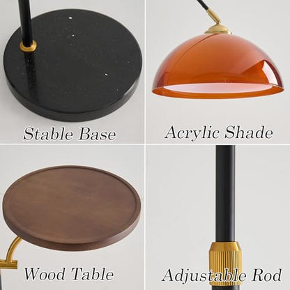 Arc Floor Lamp with Wood Tray,Over Couch Lamp,2-Tier Arcylic Shade | Adjustable Lighting Direction,Mid Century Modern Style,Stable Metal Base,Handy Storage,for Living Room Bedroom Office - color: Desk
