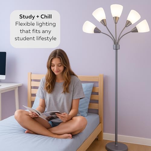 LIGHTACCENTS Medusa 5-Light Floor Lamp – Silver Multi-Head Standing Lamp w/ 5 Adjustable White Acrylic Shades for Bedroom, Living Room, Office, Requires E12 Candelabra-Base LED Bulbs