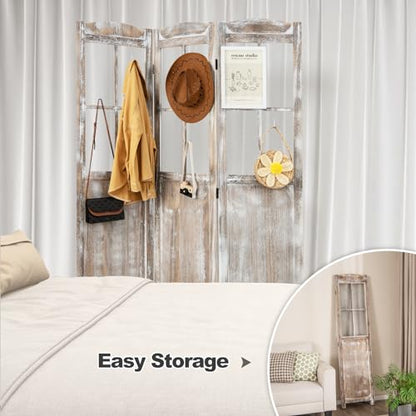 GOFLAME 3-Panel Folding Room Divider, 6FT Paulownia Wood Privacy Screen with Mesh Window, Natural Rustic Freestanding Wall Divider Partition for Room Separation, No Assembly Required