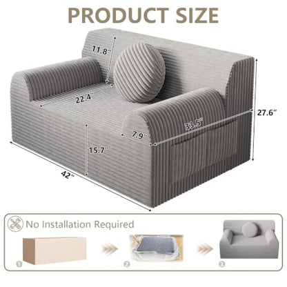 42" Boneless Oversized Chair with Side Pocket, Sofa Small Single Couch in a Box, Deep Seating Boneless Chair for Bedroom Living Room Office Apartment, No Assembly, Light Grey - color: Light Grey, size: 42'' Style 3