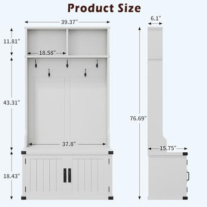 IDEALHOUSE 76" Hall Tree with Bench and Shoe Storage, Farmhouse 4-in-1 Entryway with Coat Rack & 5 Tri-Hooks, Adjustable Shelf, White Mudroom Bench with Storage Seating, Space Saving, White - size: 39"W
