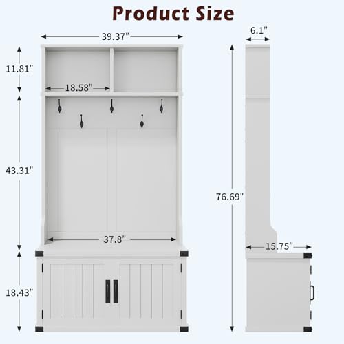 IDEALHOUSE 76" Hall Tree with Bench and Shoe Storage, Farmhouse 4-in-1 Entryway with Coat Rack & 5 Tri-Hooks, Adjustable Shelf, White Mudroom Bench with Storage Seating, Space Saving, White - size: 39"W