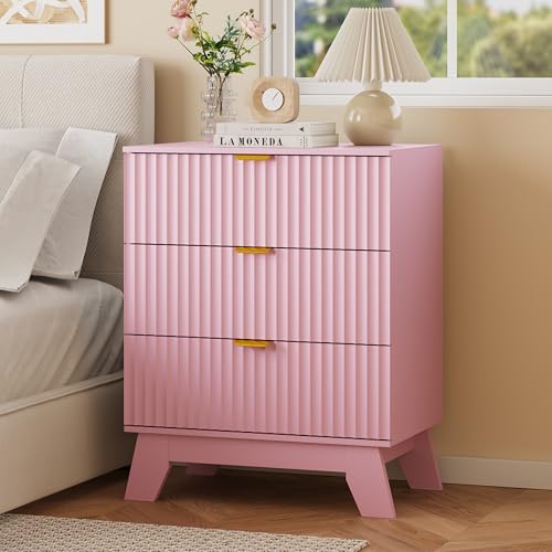 Fluted Nightstand with 3 Large Drawers, Wooden Side End Table with Elevated Legs for Easy Cleaning, Sturdy Modern Beside Table for Small Space, Bedroom, Pink, 24" L - color: Pink