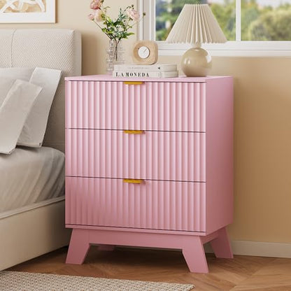Fluted Nightstand with 3 Large Drawers, Wooden Side End Table with Elevated Legs for Easy Cleaning, Sturdy Modern Beside Table for Small Space, Bedroom, Pink, 24" L - color: Pink