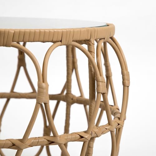 Furniture of America Ysar Boho Rattan Round Coffee Table Outdoor with 5mm Tempered Glass Top, All-Weather and Rust Resistant Patio Furniture - color: Natural/18.9 In.