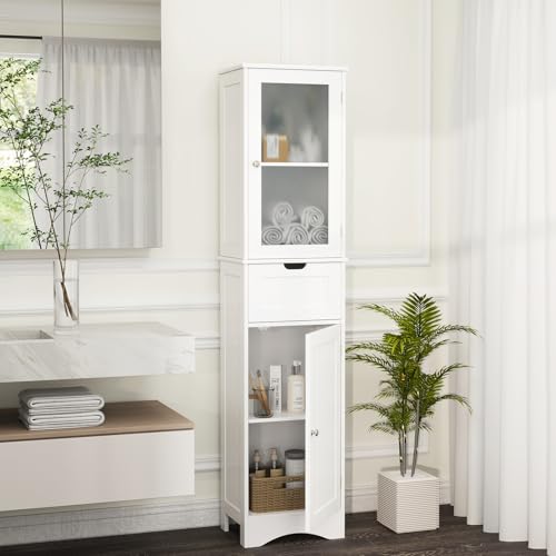 67” Tall Bathroom Storage Cabinet with 2 Doors & 1 Drawer, Modern Floor Cabinet with Adjustable Shelves & Frosted Glass Door, Narrow Linen Tower Cabinet for Bathroom Living Room (White) - color: White