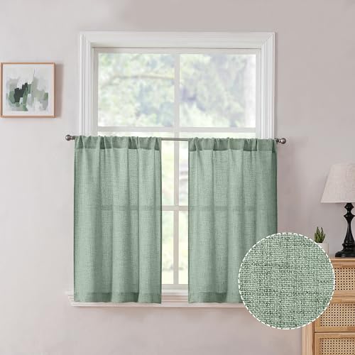 Tollpiz Short Linen Tier Curtains Rod Pocket Semi Sheer Half Kitchen Curtain Burlap Light Filtering Thick Linen Drapes for Bathroom, 30 x 24 inches Long, Sage Green, Set of 2 Panels - color: Sage Green, size: 30"W x 24"L (Pack of 2)