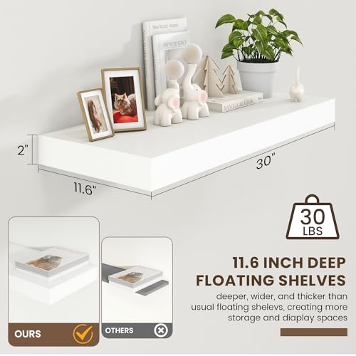 30 Inch Floating Shelves, 12'' Deep White Shelves for Wall Set of 1 | Invisible Brackets, Engineered Wood, Mounting Hardware Included, 45LBS, Bathroom, Laundry Room, Kitchen, Living Room - color: White, size: 30W x 11.6D x 2H, 1 Pack
