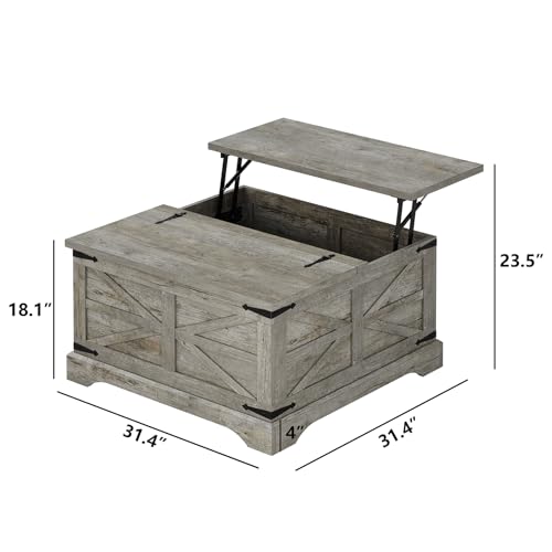 Farmhouse Lift Top Coffee Table, Square Wood Center Table with Large Hidden Storage Compartment for Living Room, Rustic Modern Table with Hinged Lift Top, Oak Grey - color: Grey Oak, size: 31.5''W