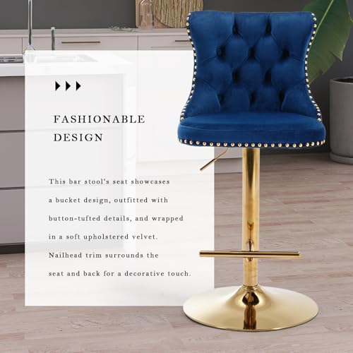 Velvet Bar Stool Set of 2, Adjustable Swivel Bar Stools with Gold Plated Metal Leg, Button Tufted, Footrest, Chrome Nailhead, Counter Height Chair for Kitchen, Bar, Dining Room (Blue) - color: Blue-gold Leg, size: Set of 2