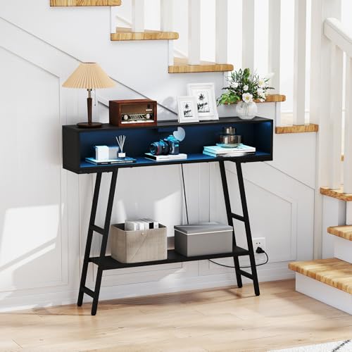 GIANTEX Modern Console Table with Charging Station & LED Lights | 40" Entryway Table with Storage Shelves, 3-Tier Display Shelf for Small Space, Sofa Table for Living Room, Black - color: Black