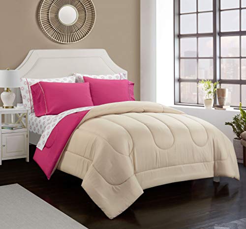 Idea Nuova "Casa 7-Piece Solid Reversible Comforter Set with Bonus Sheets, Fuschia, Queen, 86"x86" - color: Fuschia, size: Queen