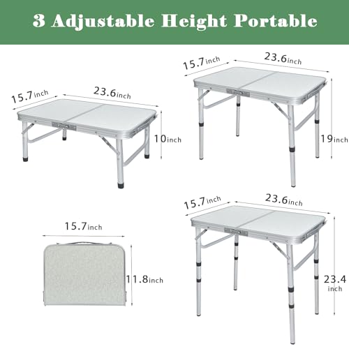 Small Folding Camping Table, 2ft Portable Picnic Table Aluminum 24" x 16" Folding Table, 3 Adjustable Heights Portable Lightweight Table Dining Table for RV, Picnic, Beach (White) - color: White