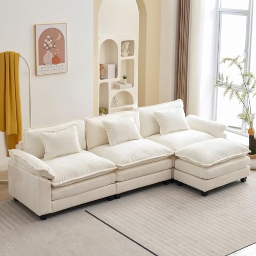 120" Modular Sectional Sofa, Comfy Deep Cloud Couch with Ottoman | L-Shaped Couches for Living Room, Modular Couch, Deep and Wide Seat, Chenille Sofa Sleeper with Throw Pillows, Beige White - color: Beige White, size: 120 Inch L