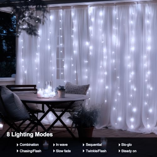 echosari 9.8Ft×9.8ft Curtain Lights Battery Operated with Remote Cool White | 300 LED Hanging Light Timer Fairy Curtain Lights for Bedroom Patio Wedding Backdrop Party Decór - color: Cool White, size: 10Ft x 10Ft