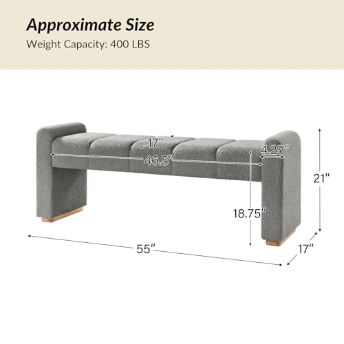 55" Upholstered End of Bed Bench with Rubber Wood Legs,Entryway Ottoman with Thick Padded Cushion for Bedroom and Living Room，Grey - color: Grey