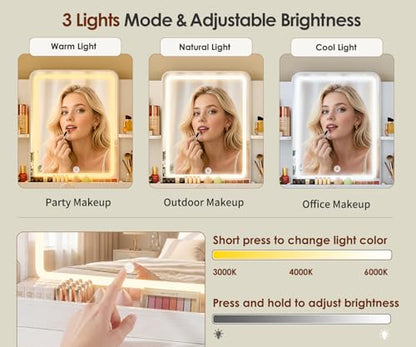 White Small Vanity Desk with Mirror and 3 Adjustable Light Modes | Dimmable Lighting, Multi Storage Area, Quick Assembly, CARB P2 Certified Material - color: White
