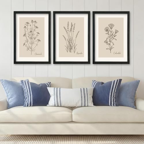 Vintage Botanical Prints Wall Art 11x16–3 Pc Black Frame Bathroom Decor | Minimalist Rustic Wildflower Pictures Floral Sign Bedroom Wall Hanging - color: Vintage Botanical (Black), size: 11"L x 16"W